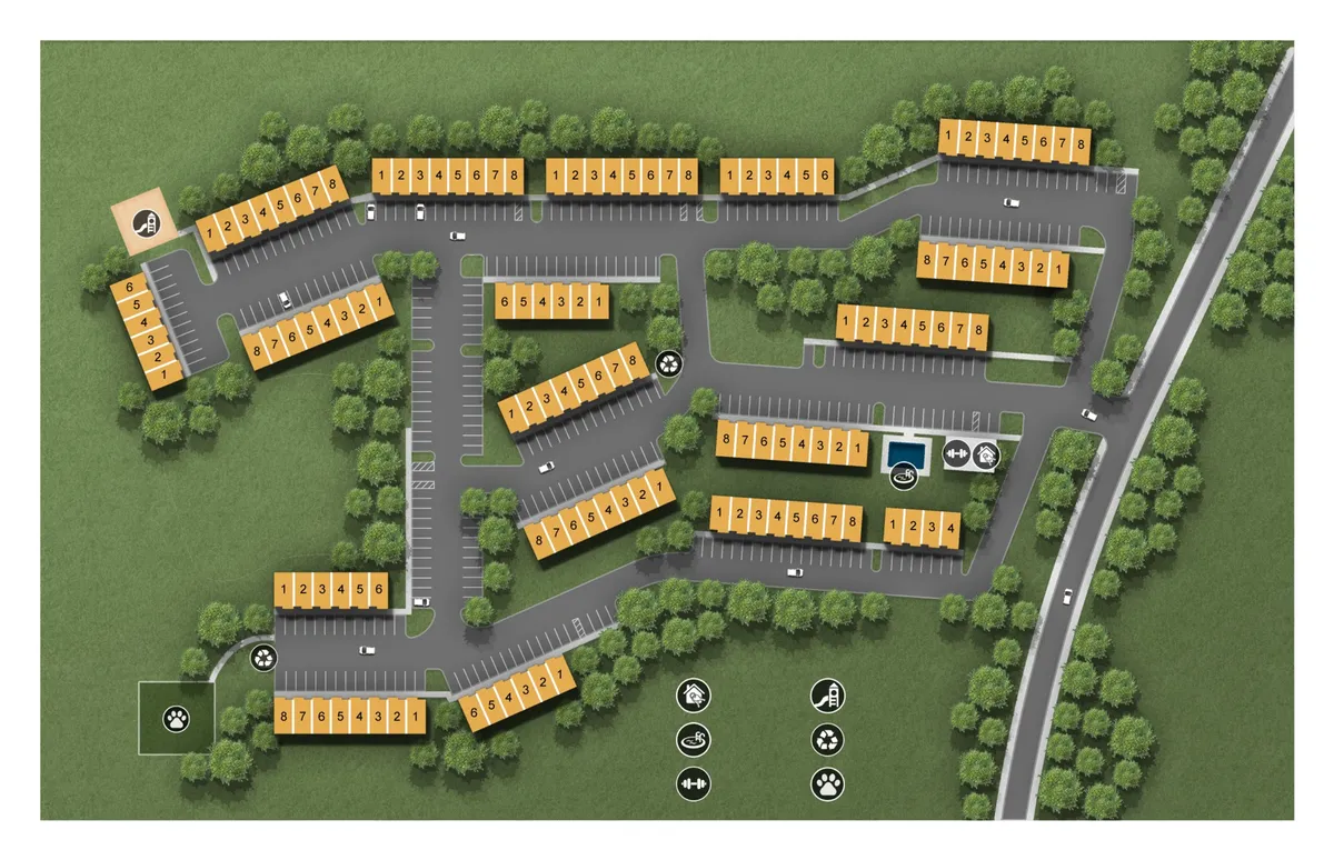 A broad exterior view of parking areas, green spaces, and community gathering zones. The image features visible parking, landscaped surroundings, and communal outdoor spaces, capturing practical and social aspects of the property.