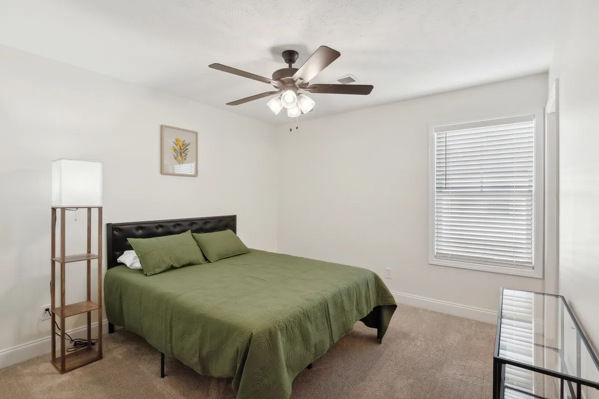 A peaceful bedroom scene with green bedding on a bed, a bedside lamp, framed plant artwork on the wall, and natural light coming in through a window with blinds.